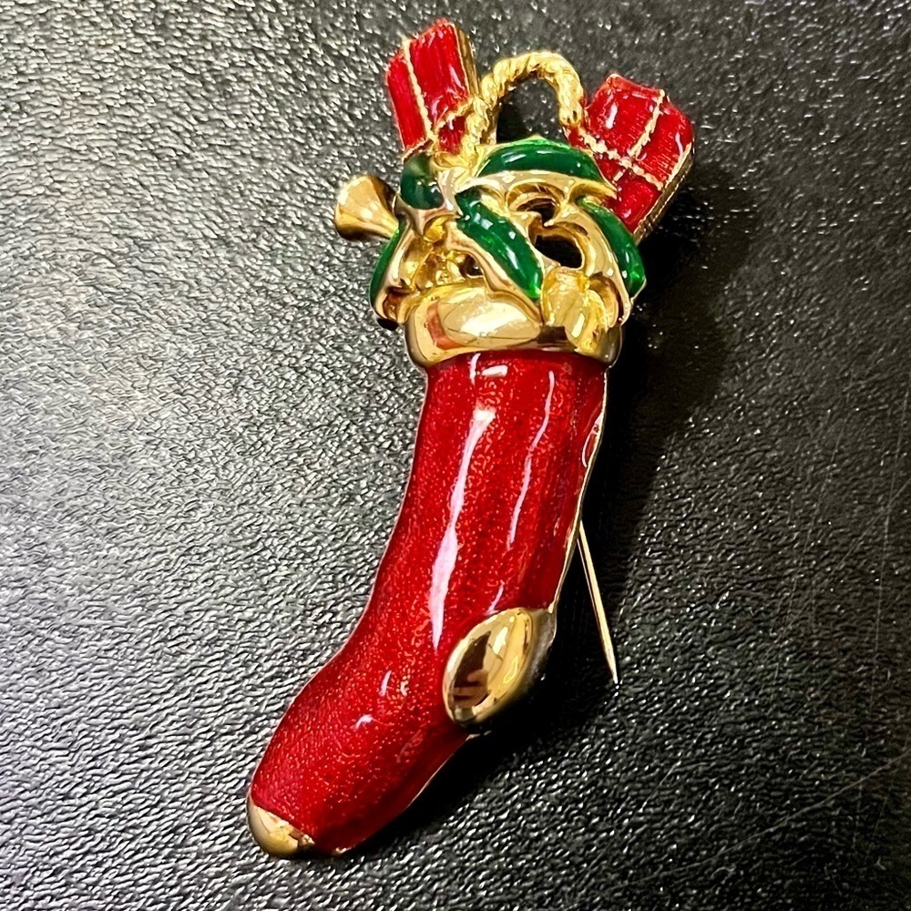 Vintage Christmas Stocking Brooch Red Enamel AAi Style Holiday Pin Gifts Santa